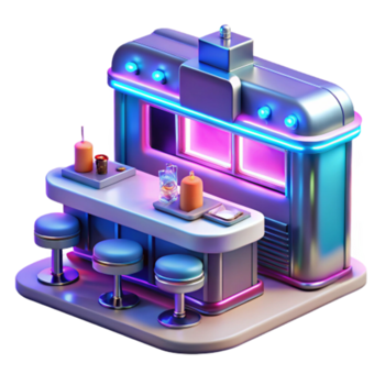 dramatic minimalist Neon Retro Bar 3D Render of a Stylish Diner Counter exclusive png