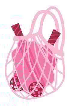 Pink Pickleball Mesh Bag with Paddles and Balls Isolated on White Background. Stylish Sports Equipment Perfect for Active Lifestyles, Training, and Outdoor Games vector