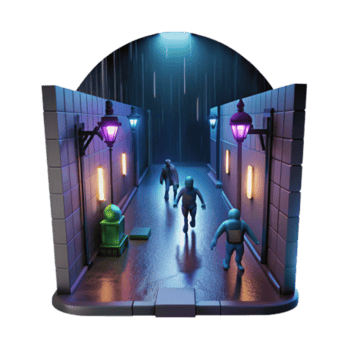 stunning vintage Rainy Night Alleyway Chase 3D Render high quality png