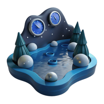 elegant artistic Nighttime Winter Pond 3D Render Clocks, Trees, and Glowing Spheres high resolution png