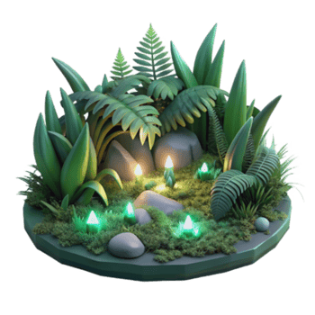 extraordinary classic Enchanted Forest Scene 3D Render of Lush Greenery with Glowing Crystals original png