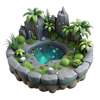 elegant artistic Enchanted Oasis 3D Model of a Tropical Pond detailed png