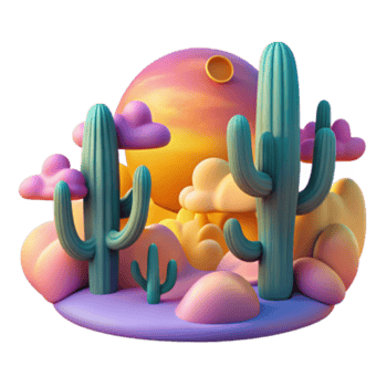 dramatic abstract Sunset Desert Cactus Landscape 3D Render genuine png
