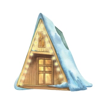 Triangular wooden houses for outdoor recreation cozy with snow-covered roofs and decorated with garlands of lights. Watercolor winter illustration hand drawn. Element isolated from background. vector