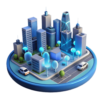 vibrant artistic Smart City Futuristic Urban Landscape with Illuminated Buildings and Vehicles original png