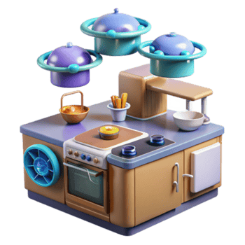 wonderful rustic Kitchen Island with Floating Pots and Oven high resolution png