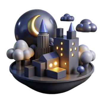beautiful classic Night Cityscape 3D Render of Illuminated Buildings high quality png