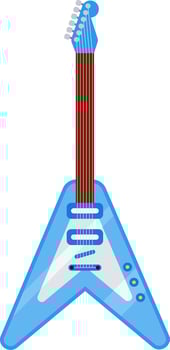 Light blue flying v electric guitar with white pickguard and brown fretboard standing up on plain white background, simple illustration vector