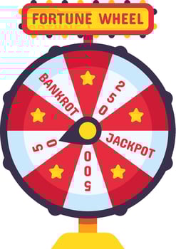 Colorful fortune wheel spinning rapidly, offering chances to win a jackpot, face bankruptcy, or score various points, embodying the excitement of gambling and risk taking vector