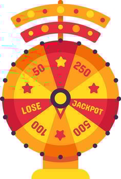 Colorful wheel of fortune spinning with jackpot, lose and score sections, representing luck, chance, and the excitement of gambling and winning vector