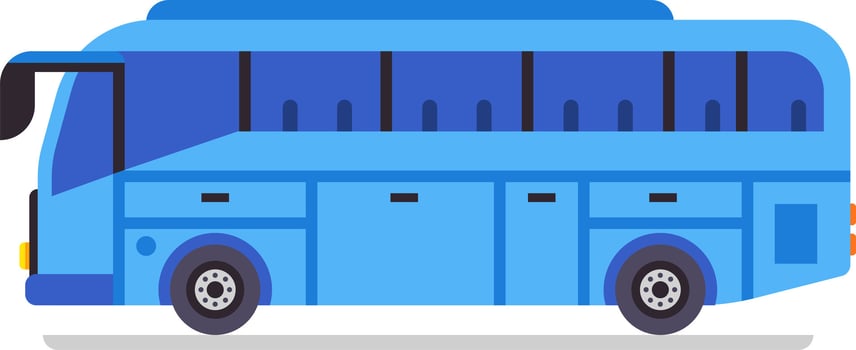 Large blue coach bus with dark tinted windows parked on a road is ready for a trip, carrying passengers to their destination, side view, flat design vector
