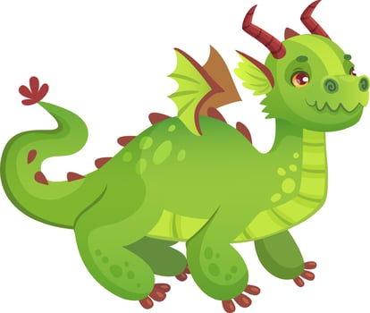 Cute green dragon walking and smiling, showing its friendly nature, ideal for children's books, fantasy stories, games, and any project that needs a touch of magic and wonder vector
