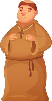 Cartoon monk wearing a brown tunic and cross necklace, praying with closed eyes and a serene smile, radiates faith and devotion, embodying spirituality and peace vector