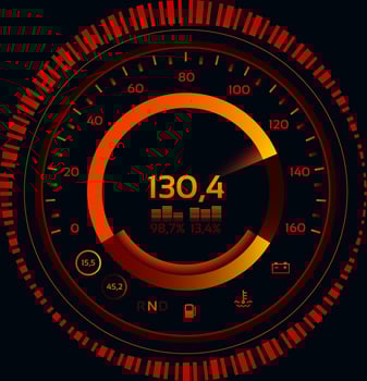 Futuristic circular speedometer with red and orange light effects showing speed, battery, fuel and temperature levels, with a dark background and red and black striped border vector