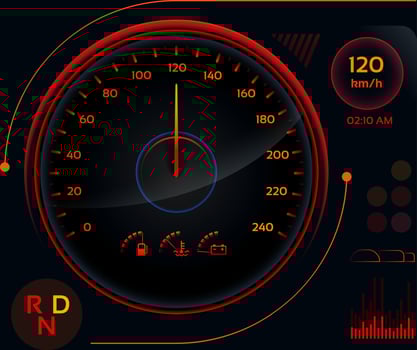 Futuristic car dashboard displaying speed, fuel level, temperature, battery status, and the current time, illuminated in vibrant orange and red hues against a dark background vector