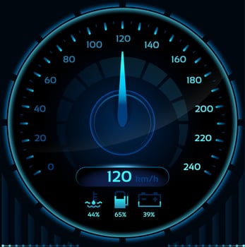 Futuristic glowing blue speedometer displaying 120 kilometers per hour, featuring coolant, fuel, and battery indicators, set against a dark background for a striking visual effect vector