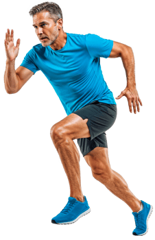 Mature man is running fast wearing blue t-shirt and black shorts isolated on transparent background png