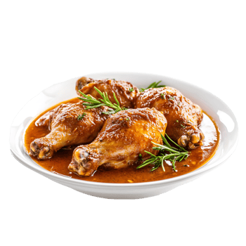 Chicken legs in tomato sauce on a white plate png