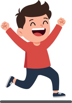 Cheerful young boy wearing a red shirt and blue pants joyfully running in a flat, minimal design illustration vector