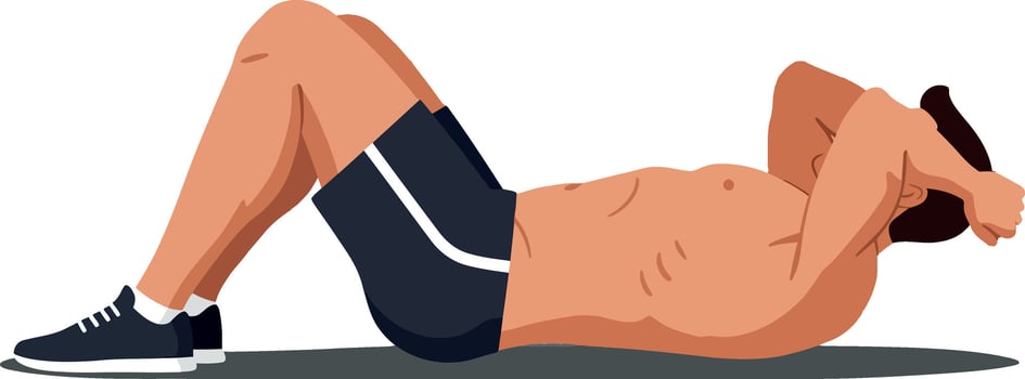 A fit man performing a crunch exercise in a minimalistic design style showcasing strength and determination in illustration vector