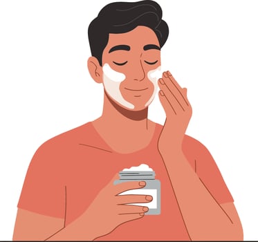 Young man applying facial cream while enjoying self-care routine in minimal flat design art vector