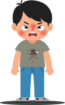 A young boy with an angry expression stands in a flat design style, showcasing mosquito bites on his face and shirt, depicted in vibrant art vector