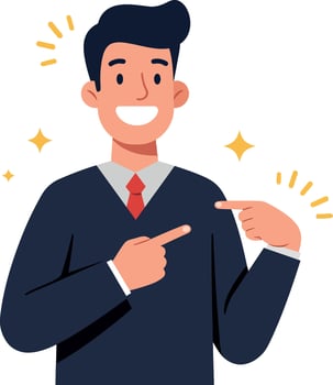 Cheerful young man in a suit pointing confidently with a bright smile in a flat illustration style vector