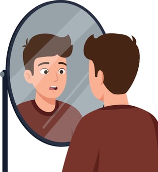 A young man with a surprised expression gazes into a round mirror in a minimal, flat design illustration vector