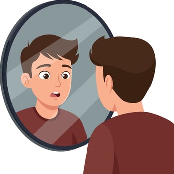 A young boy with surprised expression gazes into a round mirror reflecting his face in a flat illustration vector