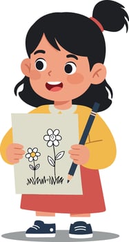 Cheerful young girl holding a drawing of flowers in a bright flat design illustration vector