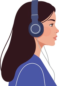 Young woman with long hair wearing headphones in a side profile view, designed in a minimal flat style, showcasing a relaxed and focused mood, illustration vector