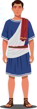 Young man dressed in traditional Roman attire with sandals, showcasing detailed flat design style in vibrant colors, illustration vector