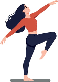 Dynamic woman in red top and blue pants performing a joyful dance pose in a flat, minimal style illustration vector