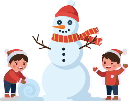 Two cheerful children building a snowman in winter, wearing red hats and scarves, in a flat and colorful illustration vector