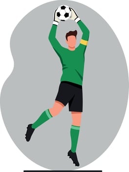 Goalkeeper in green uniform performing an impressive save with a soccer ball in a dynamic, flat illustration vector