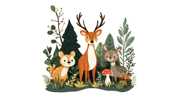 Charming woodland animals gather in lush forest png