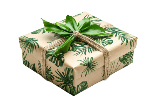 Creative gift box decorated with tropical leaves png