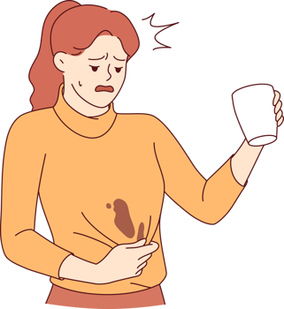 Clumsy woman spills coffee on sweater and needs urgent washing to prevent stain from drying. Clumsy girl makes unhappy grimace due to pain caused by spilled hot drink from white mug png