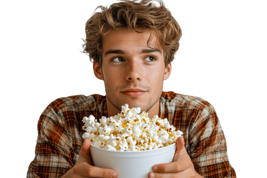 Young man thinks while eating popcorn png