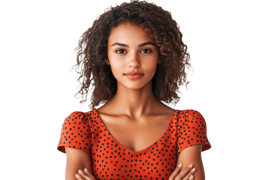 Young woman with curly hair wearing a dotted shirt png