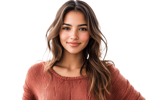 Smiling woman with long hair in cozy sweater png