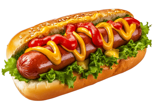 Delicious hot dog with toppings and fresh greens png