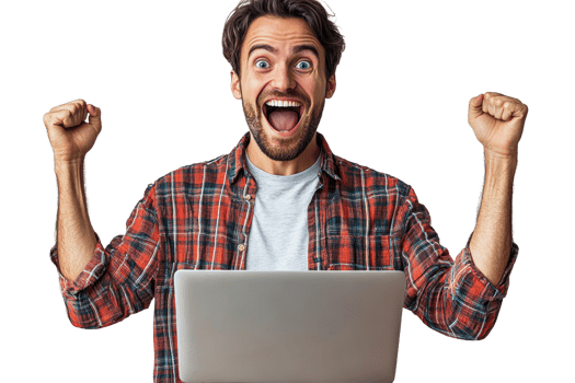 Excited man celebrates success with laptop at home png
