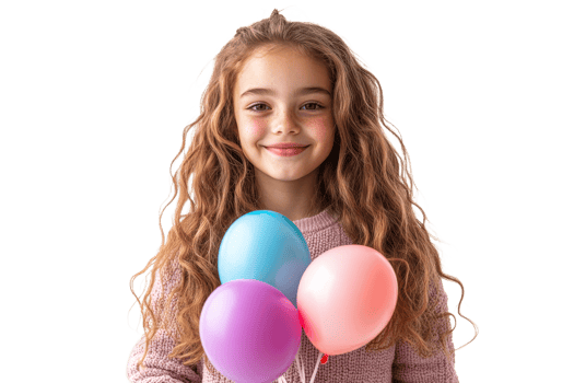 Girl holds colorful balloons with a bright smile png