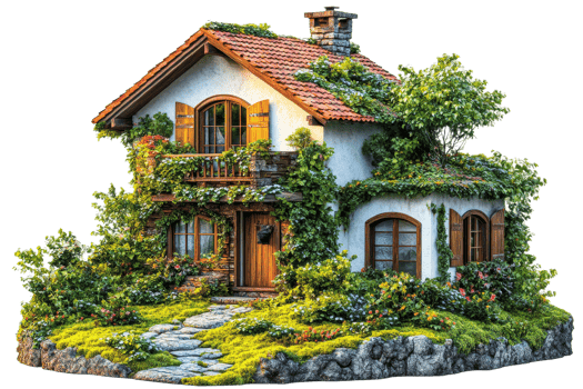 Charming cottage amidst lush greenery png
