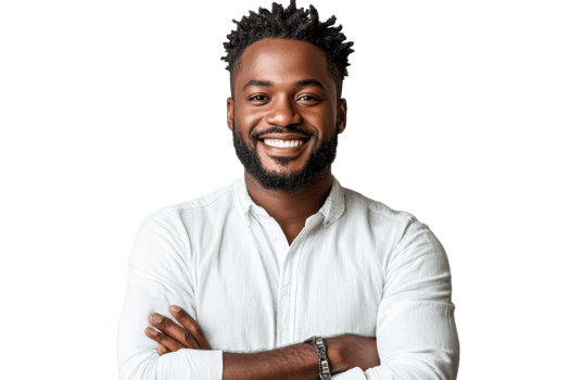 Smiling man with stylish hair poses confidently png
