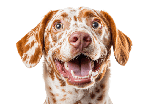 Happy dog with colorful spots smiles for camera png