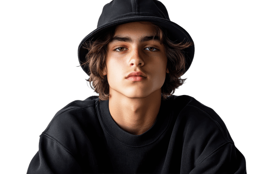Young man wearing black hat and sweatshirt png