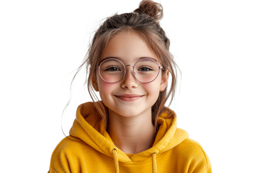 Cheerful girl wearing glasses in a yellow hoodie png