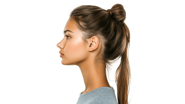 Profile view of young woman with long hair tied up png